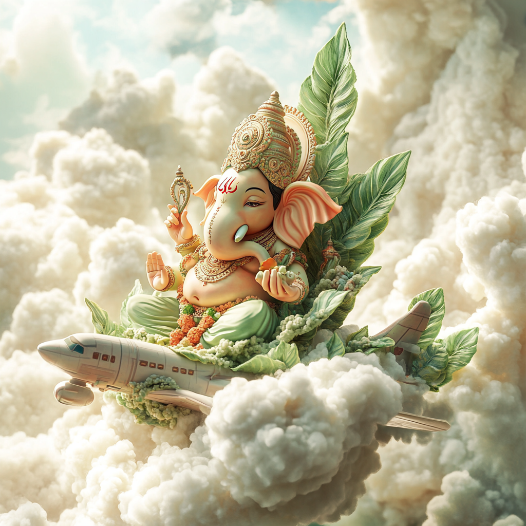 Ganesha made from leaves on airplane surrounded by clouds.