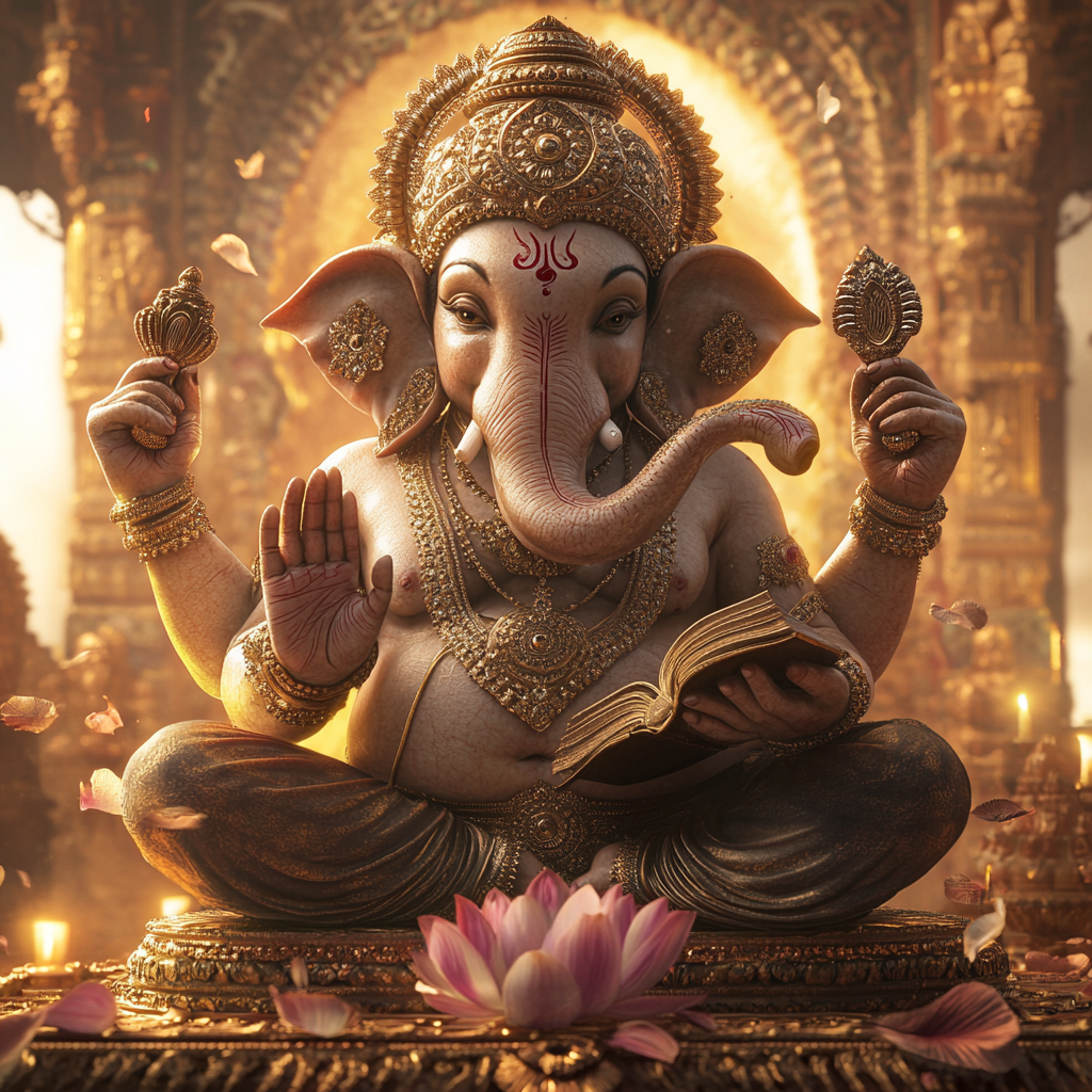 Ganesha sitting with four hands holding lotus, book.