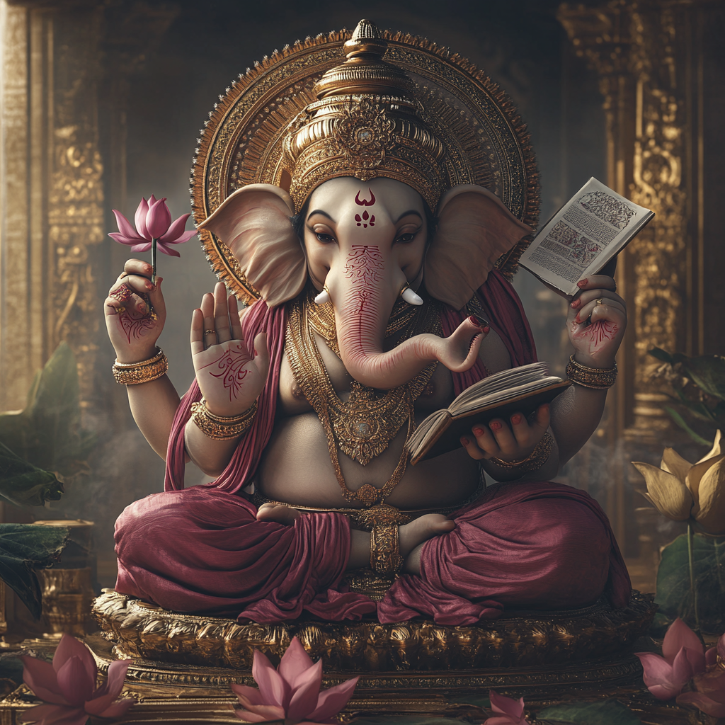 Ganesha with 4 hands, lotus, open book, elephant teeth.