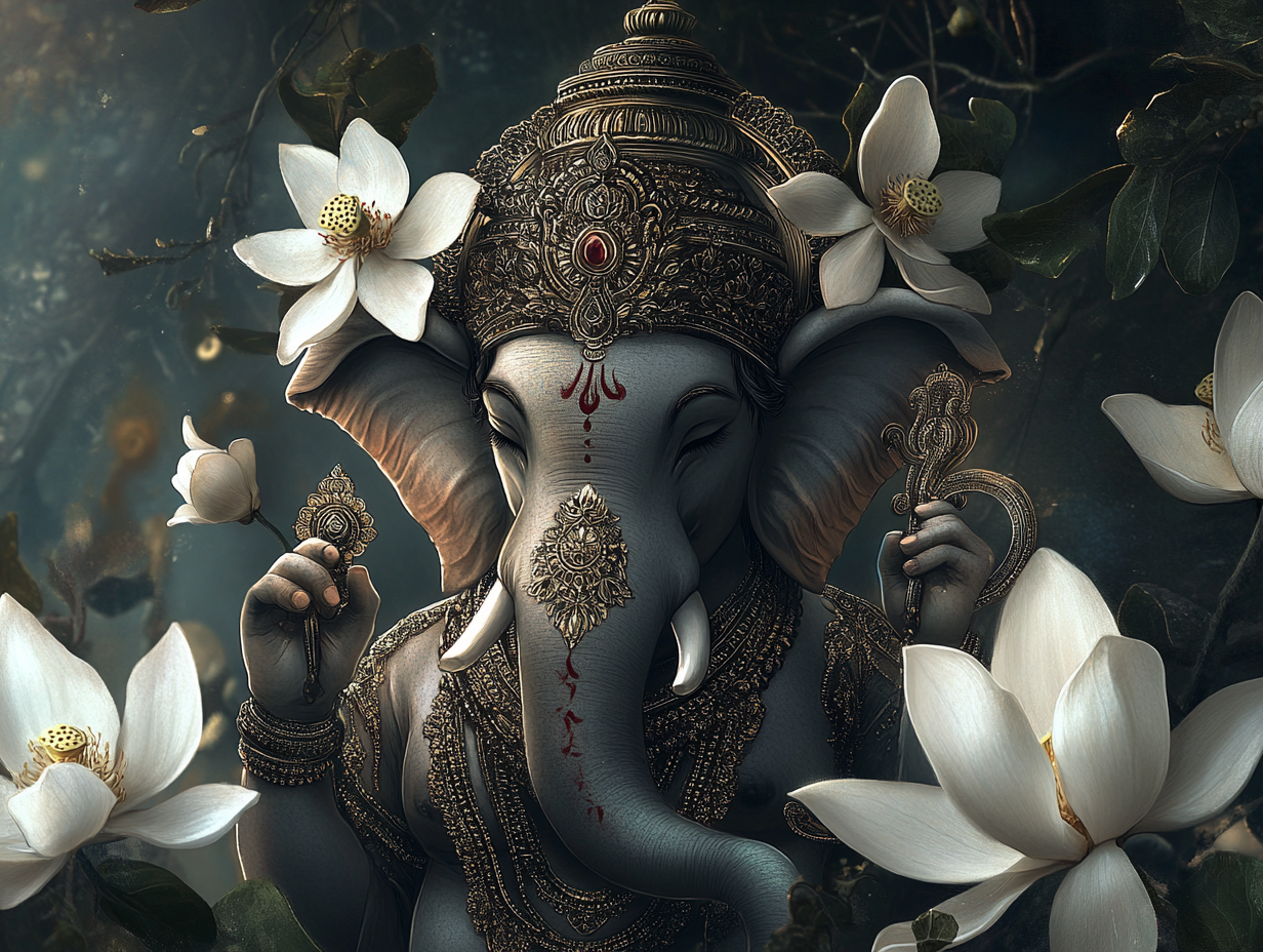 Ganesha with lotus, detailed digital art, majestic elephant.