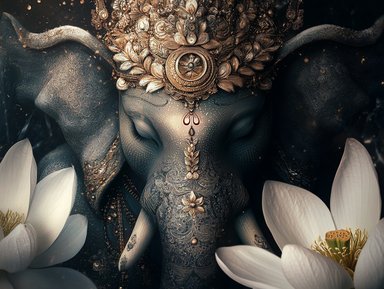 Ganesha with lotus flowers, detailed face, intricate details.