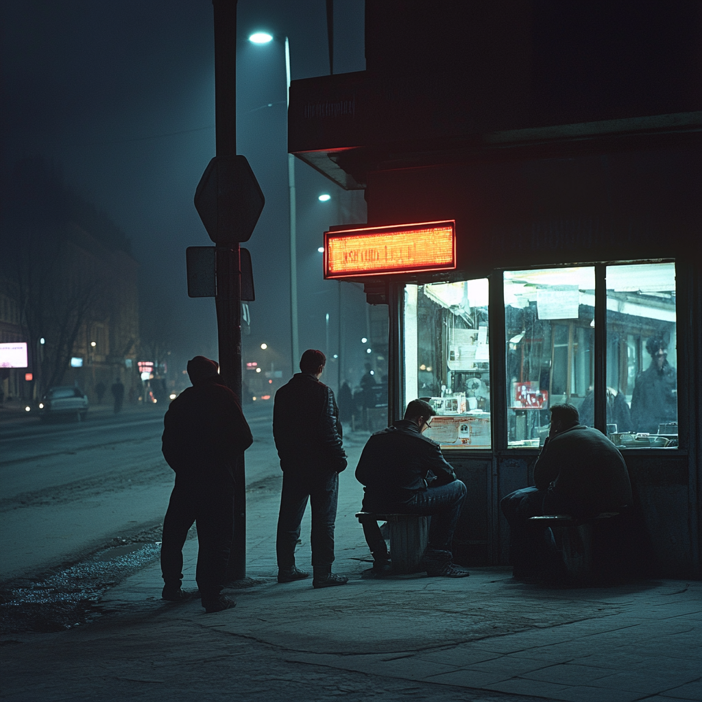 Gang members in 1990s Lodz neighborhood reminiscing at night.