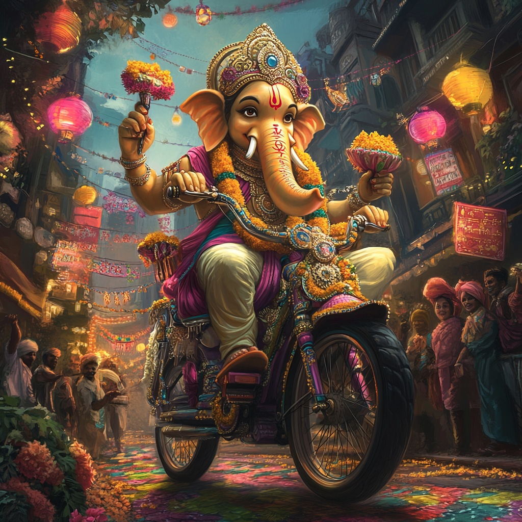 Ganpati Bappa on traditional Indian bike with decorations.