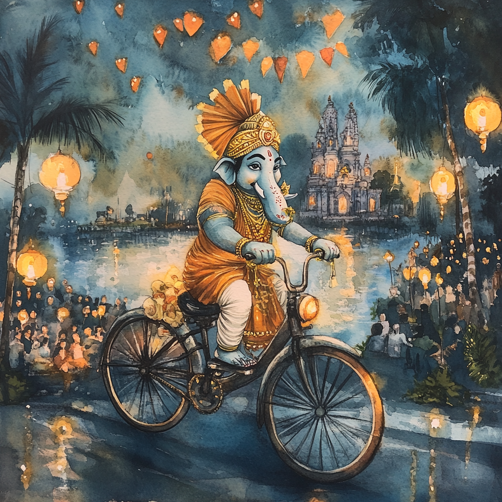 Ganpati Bappa rides bike with festive decorations, surrounded by devotees, coconut leaves, traditional lamps