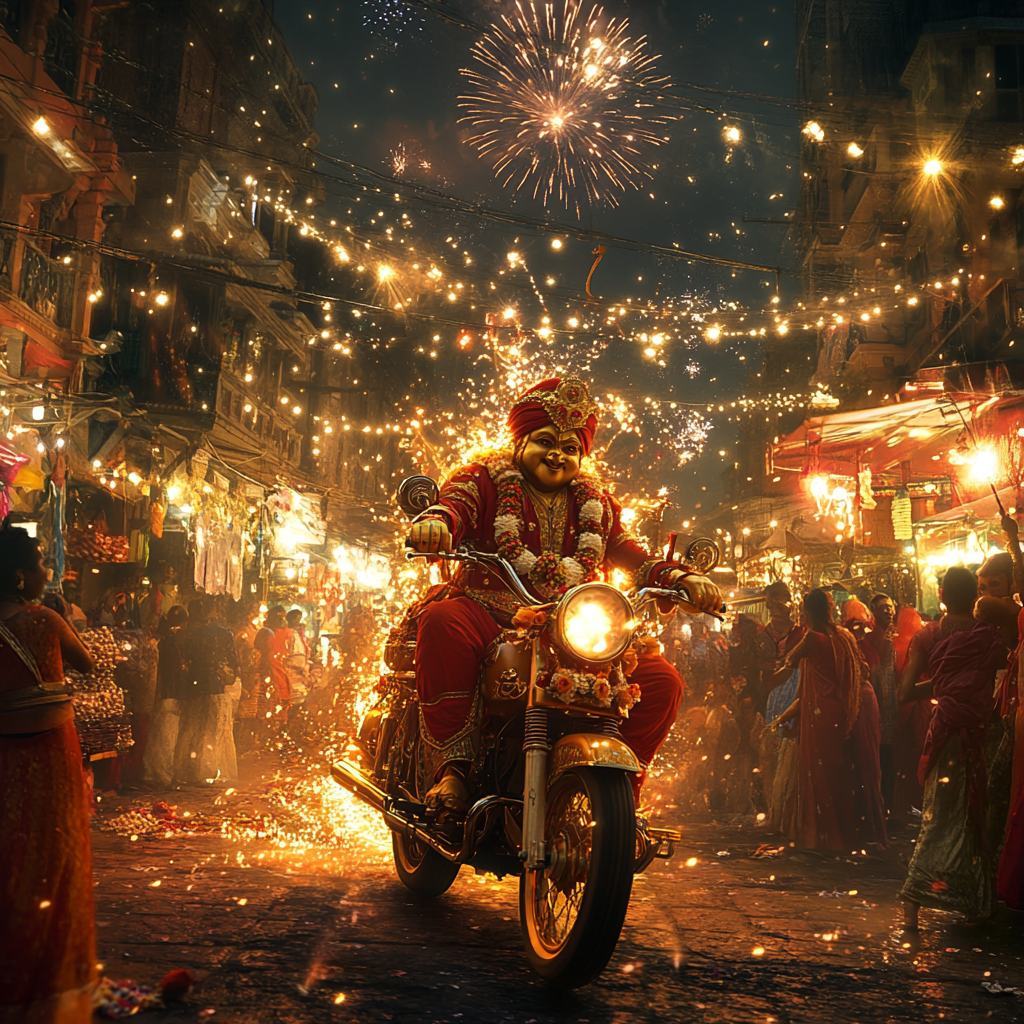 Ganpati Bappa rides festive motorcycle in decorated street.