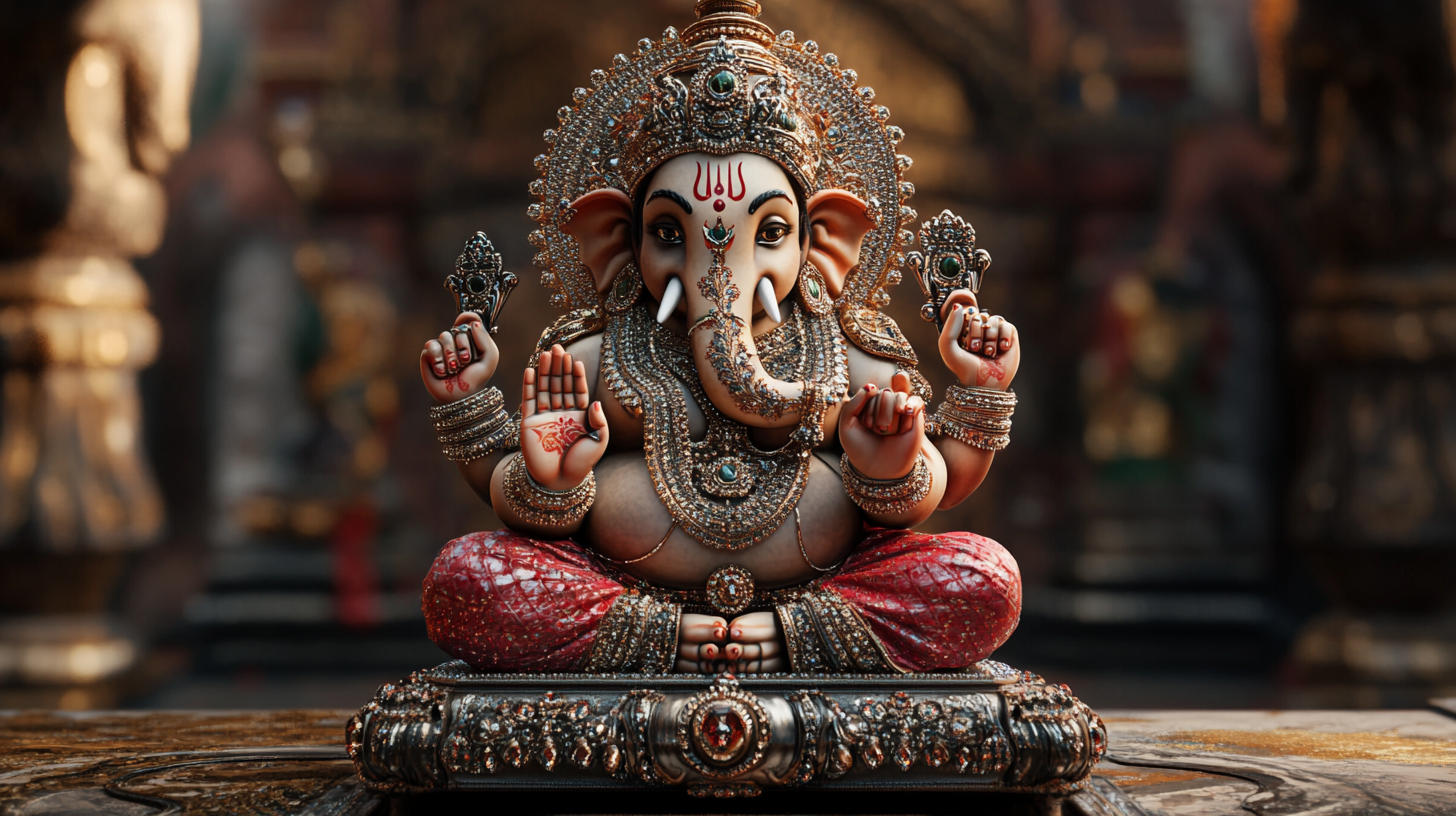 Ganpati idol with ruby, diamond, gemstones in 8k resolution.