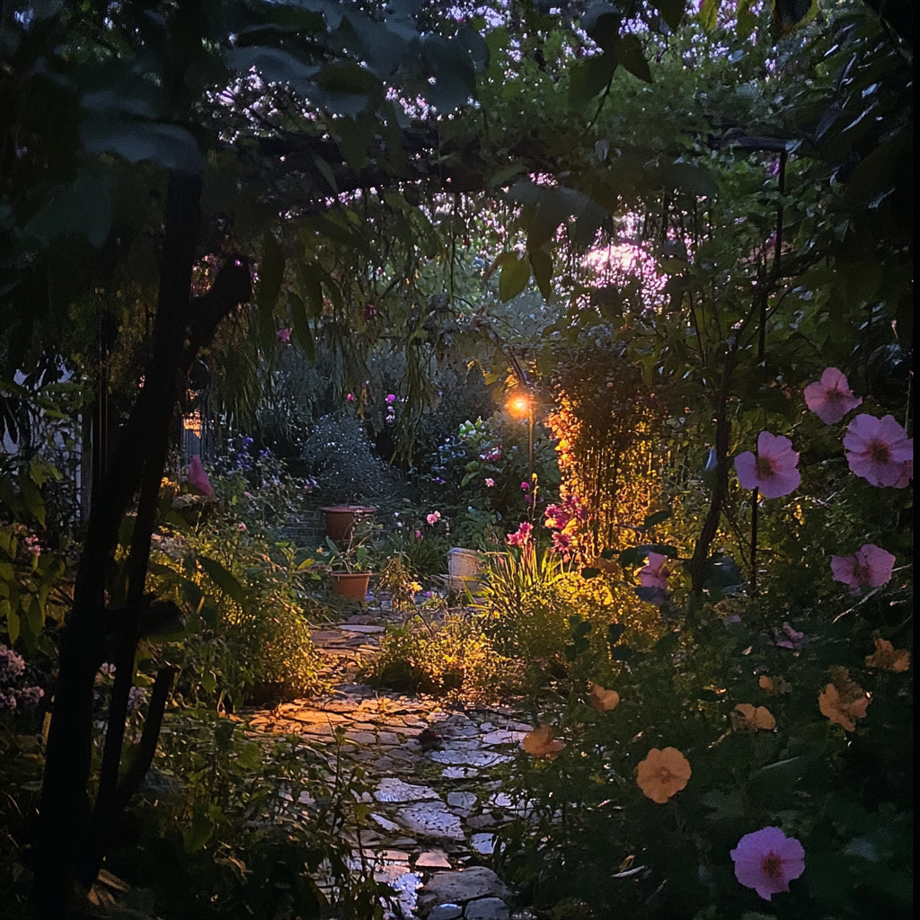 Garden at dusk: flowers closing, peaceful atmosphere, iPhone 15 