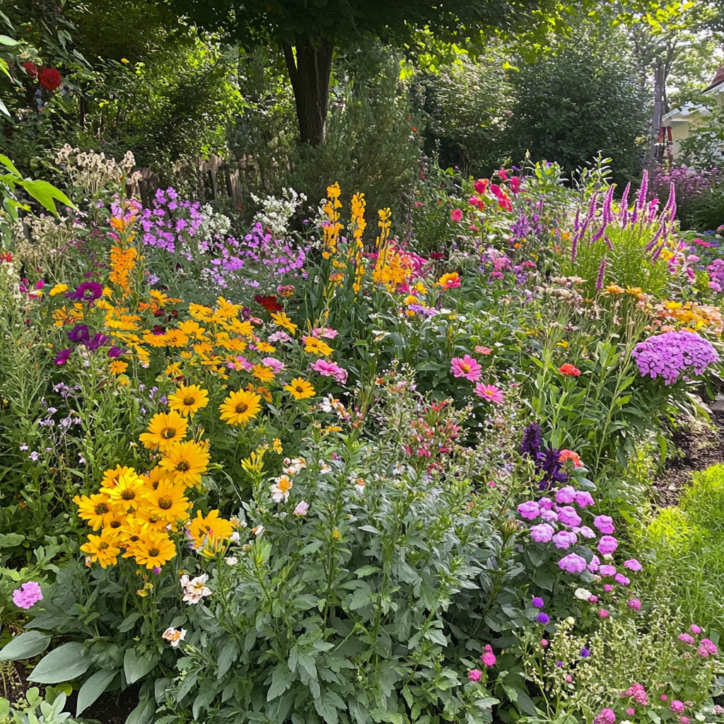 Garden with perennial flowers, sustainable, low-maintenance, iPhone 15 pro.