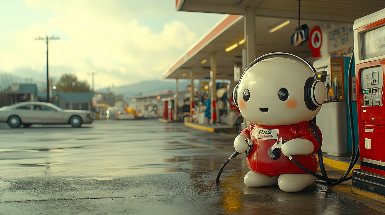 Gas station worker marshmallow fuels car with hose.