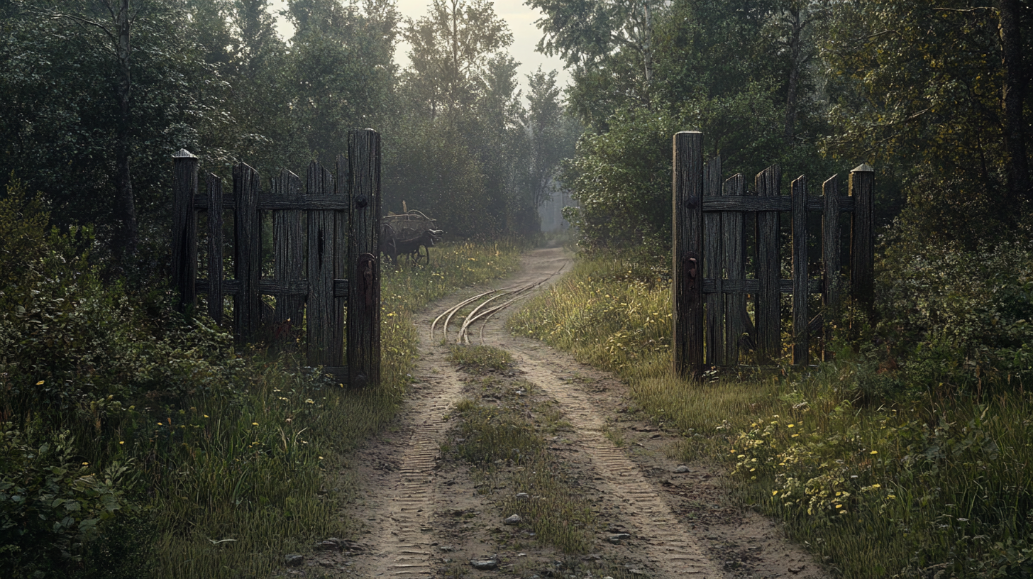 Gate blocking road through thick woods, medieval setting, hyperrealism.