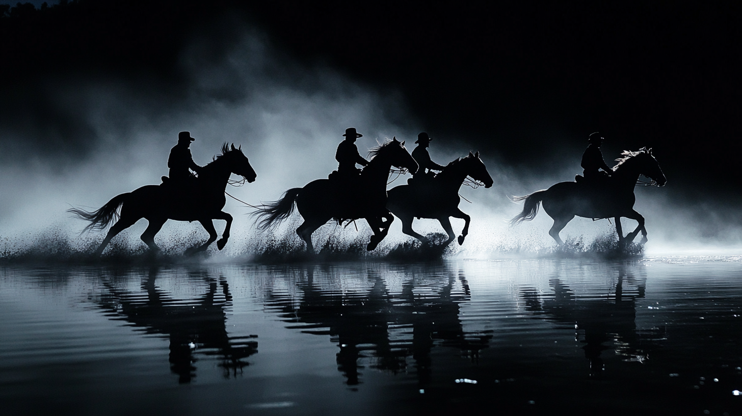 Gaucho-style horses and riders in misty, dramatic light.