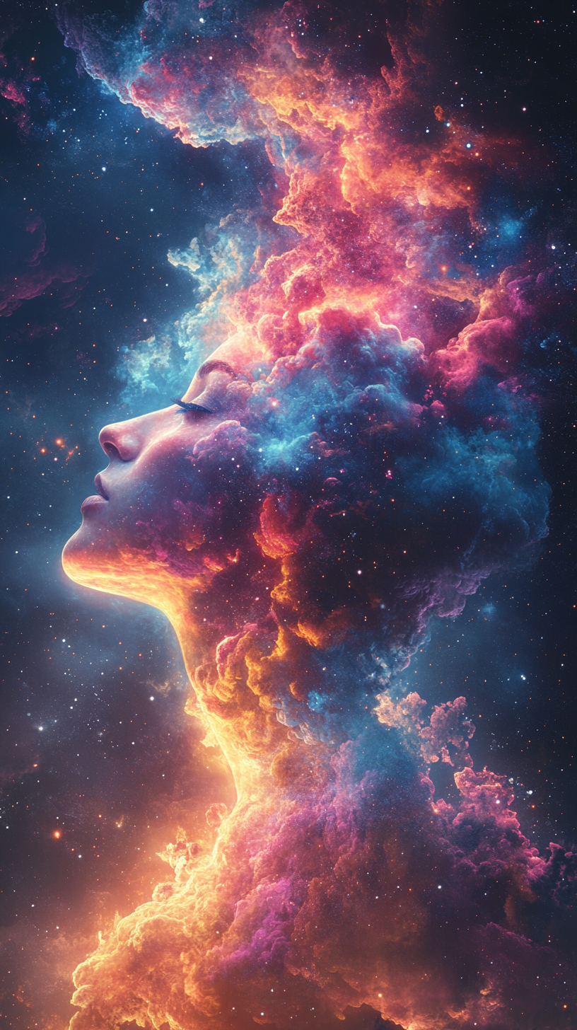 Gazing person with colorful cosmic cloud in night sky.