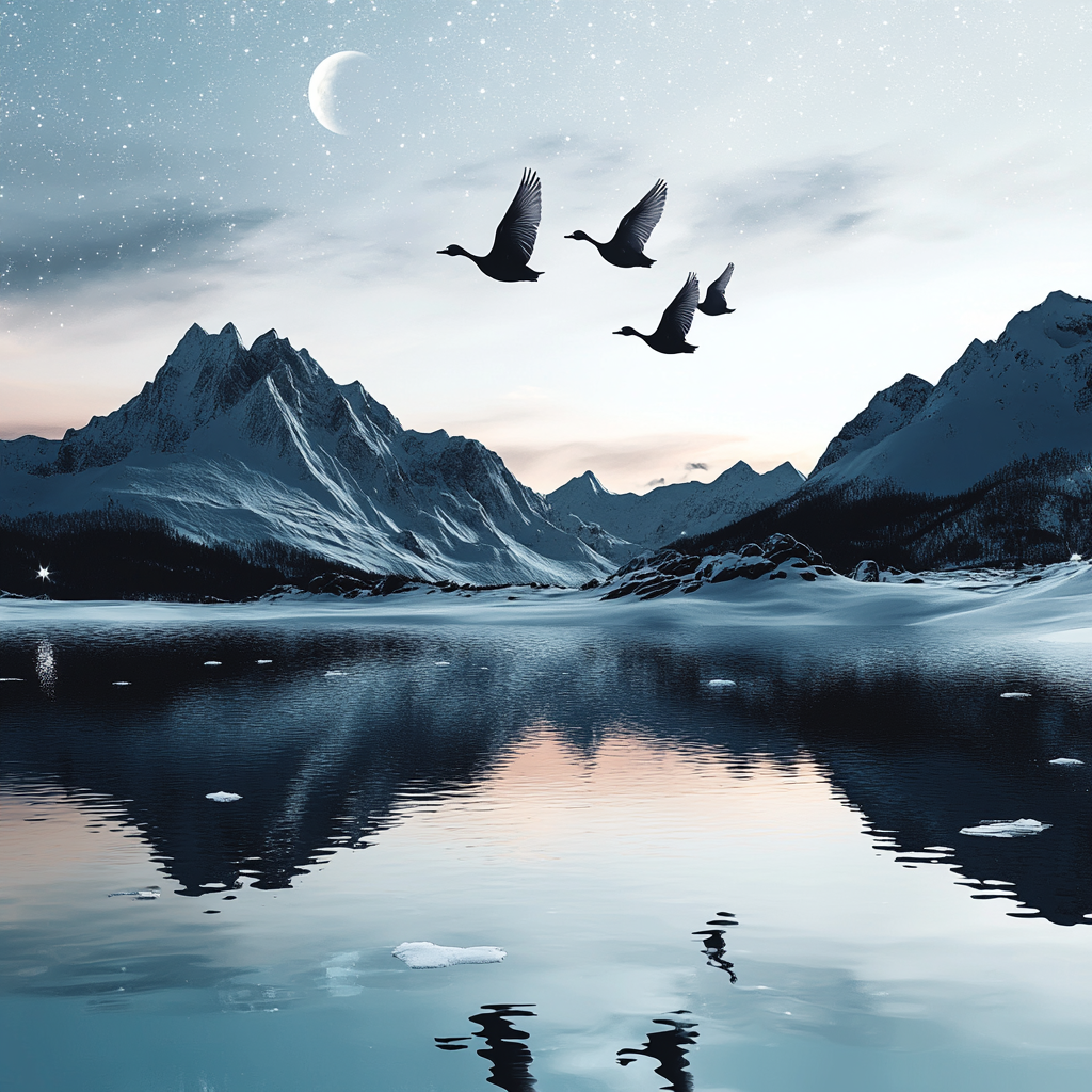 Geese fly over lake in winter mountains at night.