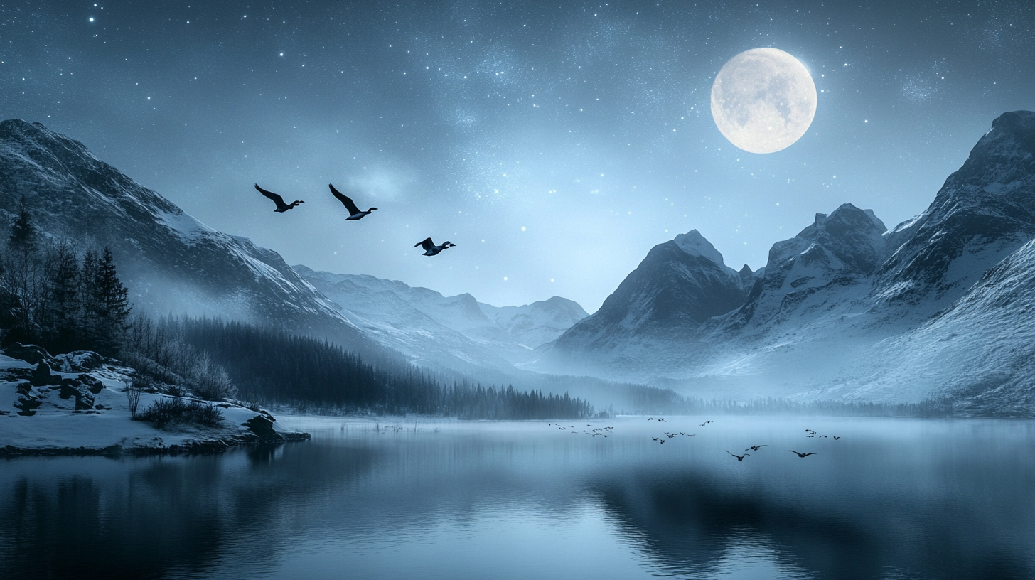 Geese fly over winter mountains at night. Stars sky.