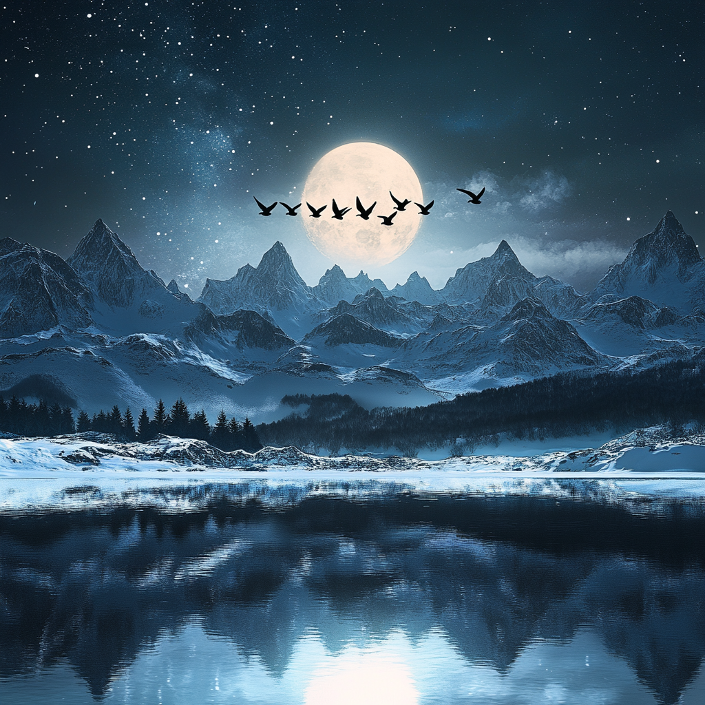 Geese flying over lake in mountains at night.