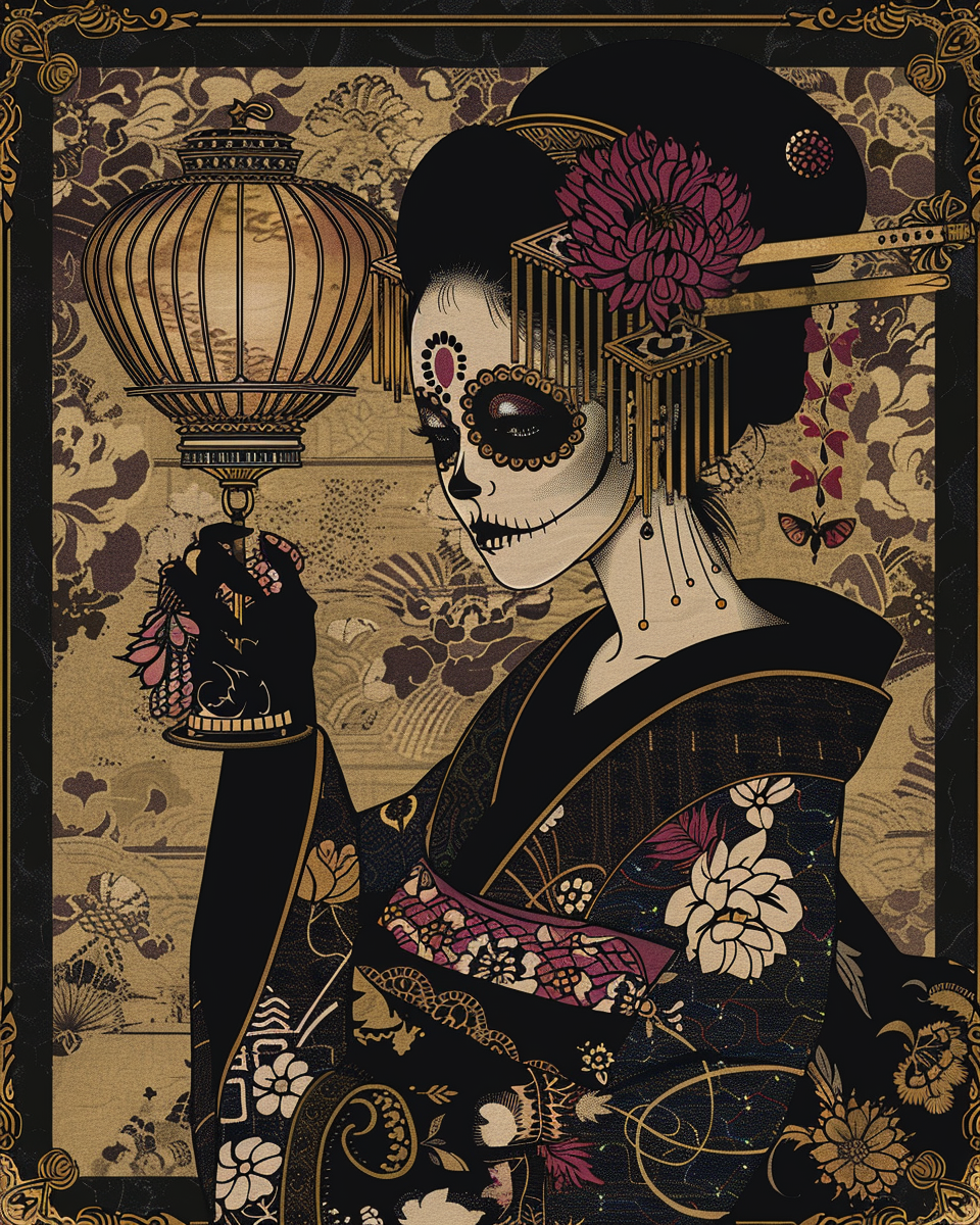 Geisha catrina in ornate outfit with Japanese lamp