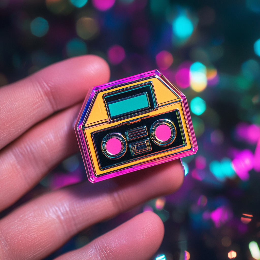 Gem-shaped badge with boombox design, disco background, fantasy style.