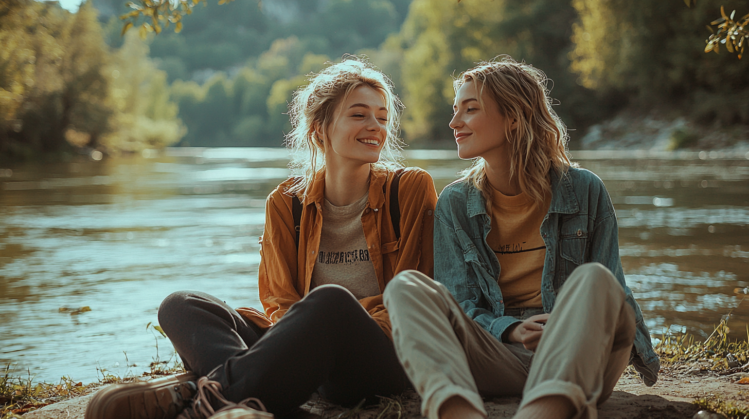 Gen Z enjoying weekend by river in high resolution.