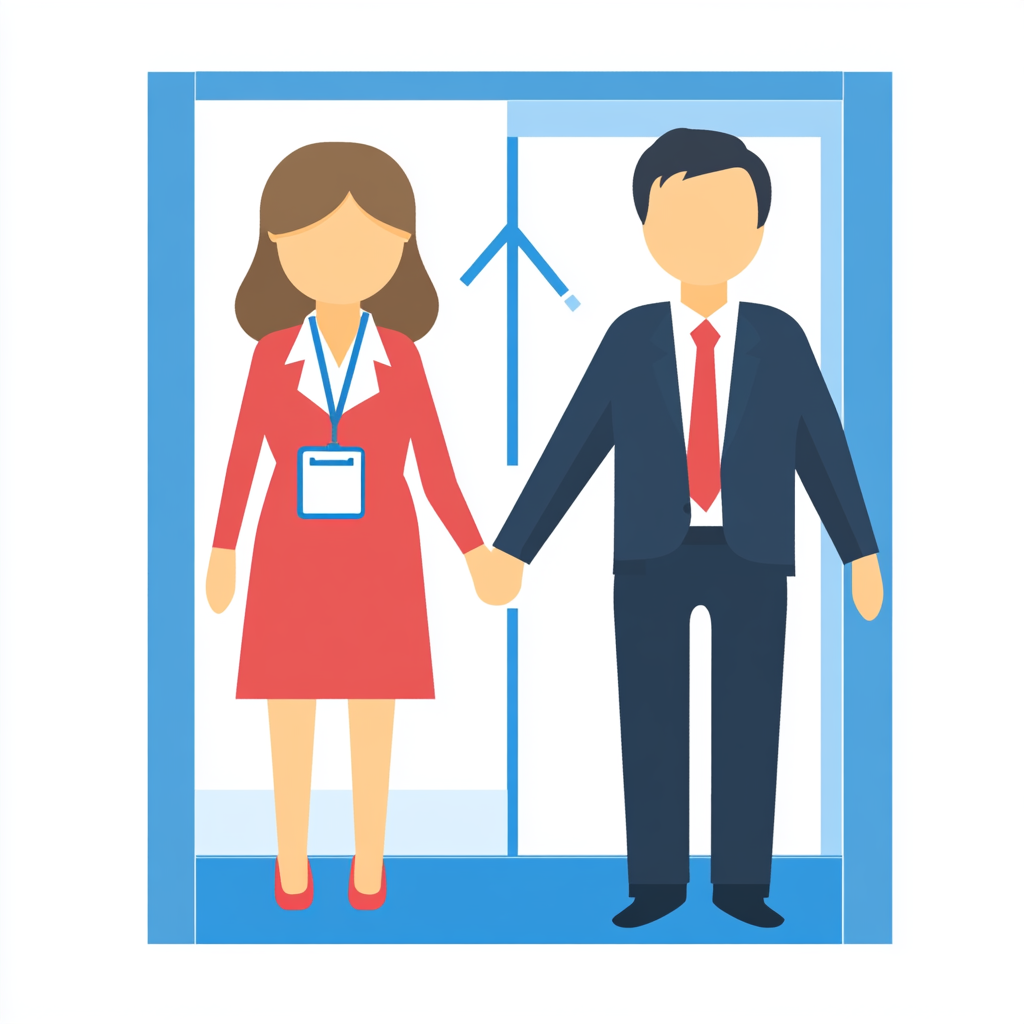 Gender-neutral, modern icon depicting employee guiding guest.