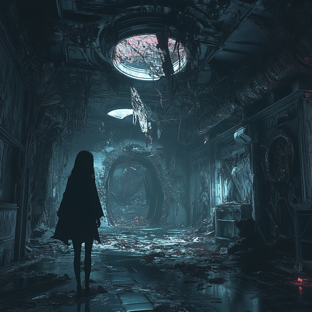 Generate anime-style dreamlike space with creepy, demonic traits.