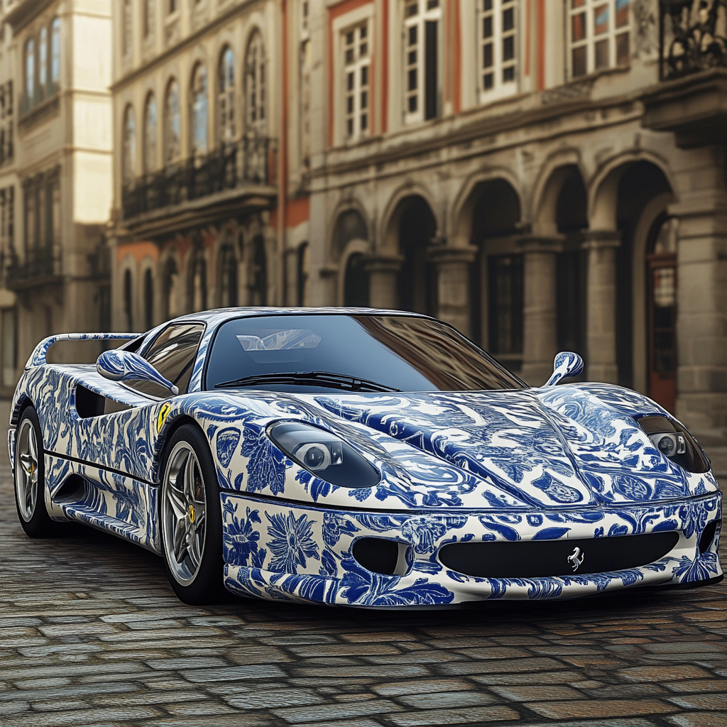 Generate photorealistic image: Ferrari F50 in traditional Portuguese azulejo tiles.