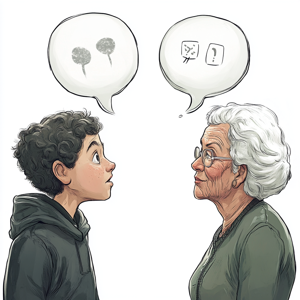 Generational Communication: Young Man, Elder Woman, Word Balloons