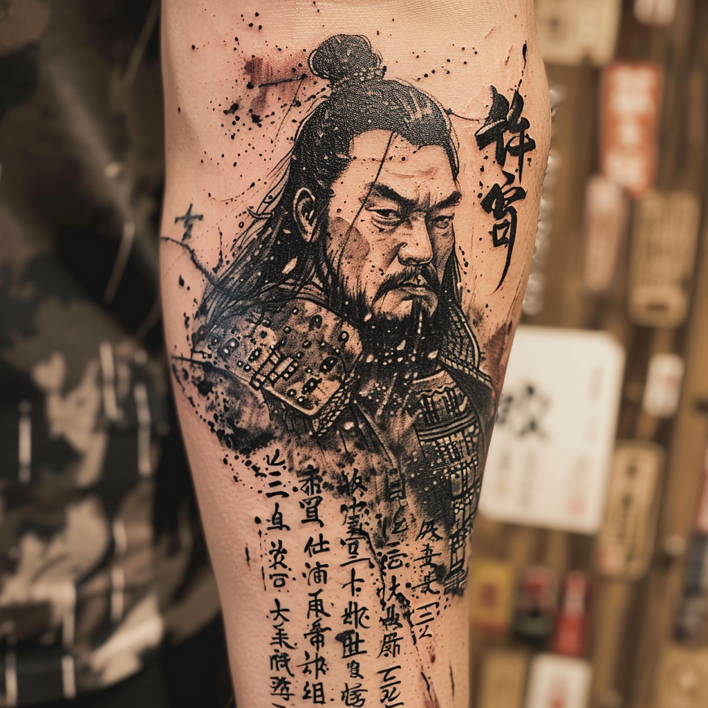 Genghis Khan tattoo with quote punishment of God concept.