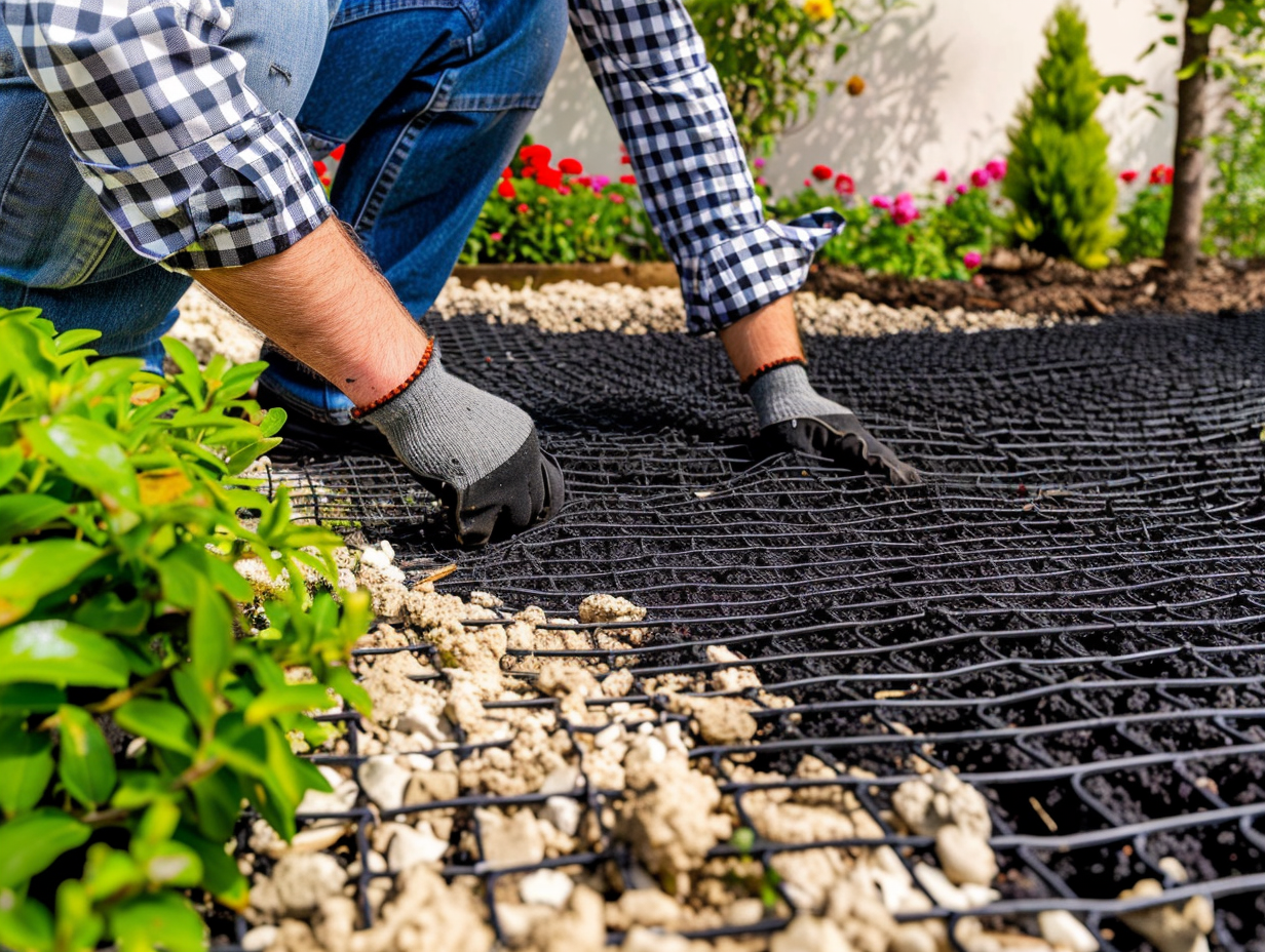 Geogrid installation on garden slope by man in backyard.