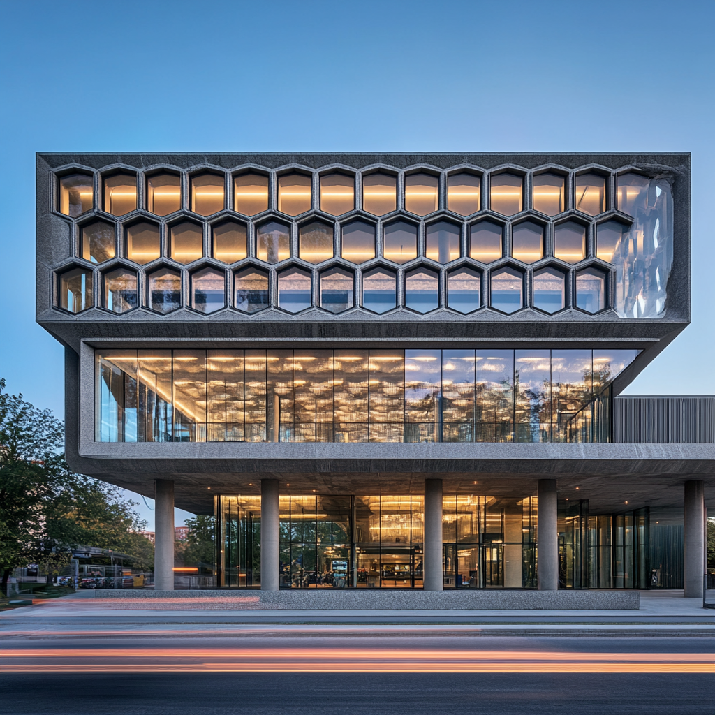 Geometric honeycomb building with reflective stone panels and train.