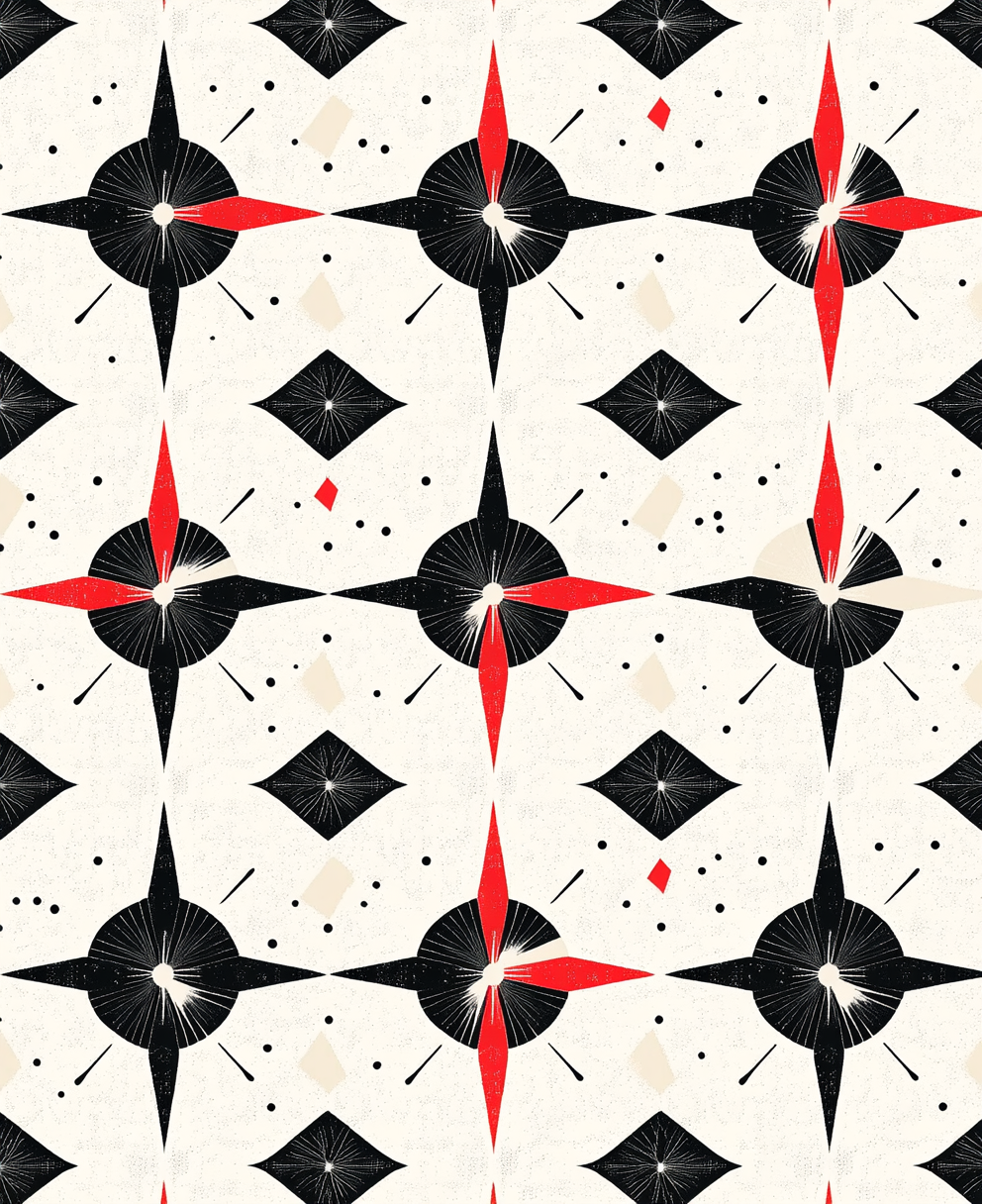 Geometric shapes and lines create intricate black pattern.