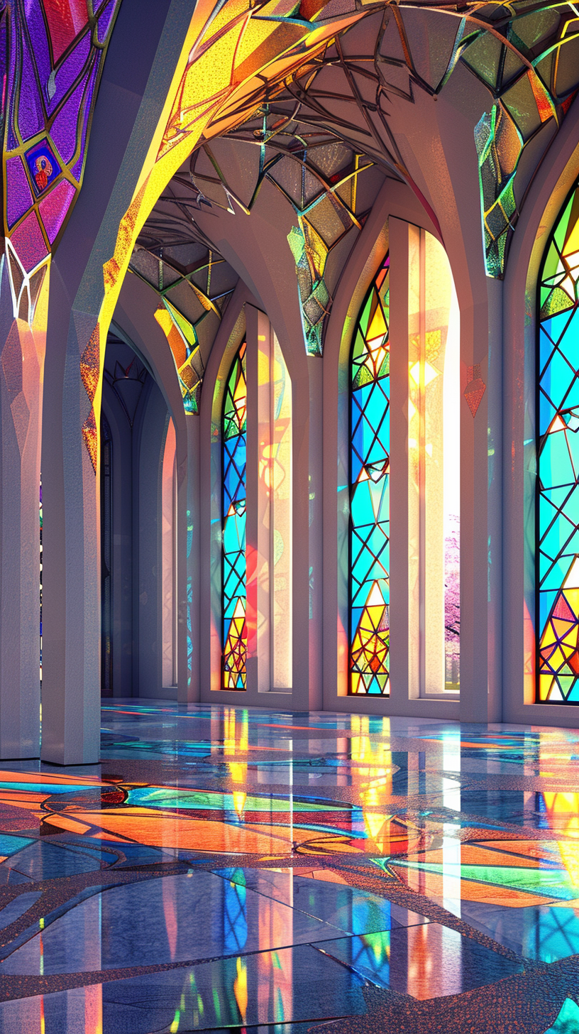 Geometrical stained-glass windows and futuristic arched pillars.