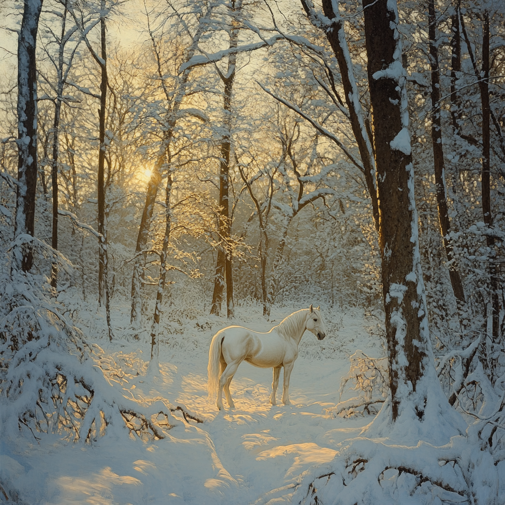 George Washington's white horse in snowy forest at Valley Forge.