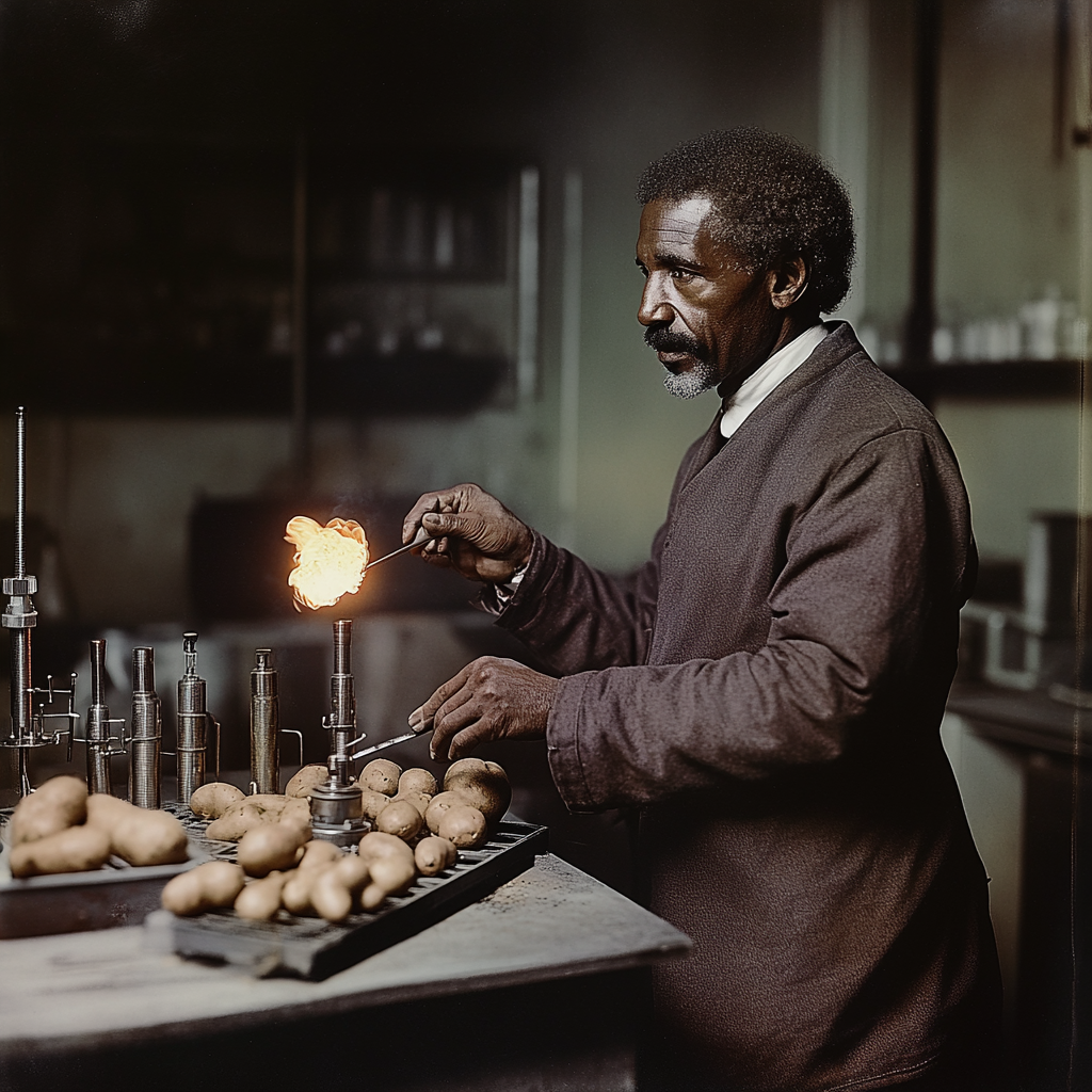 George Washington Carver in old lab with experiments.