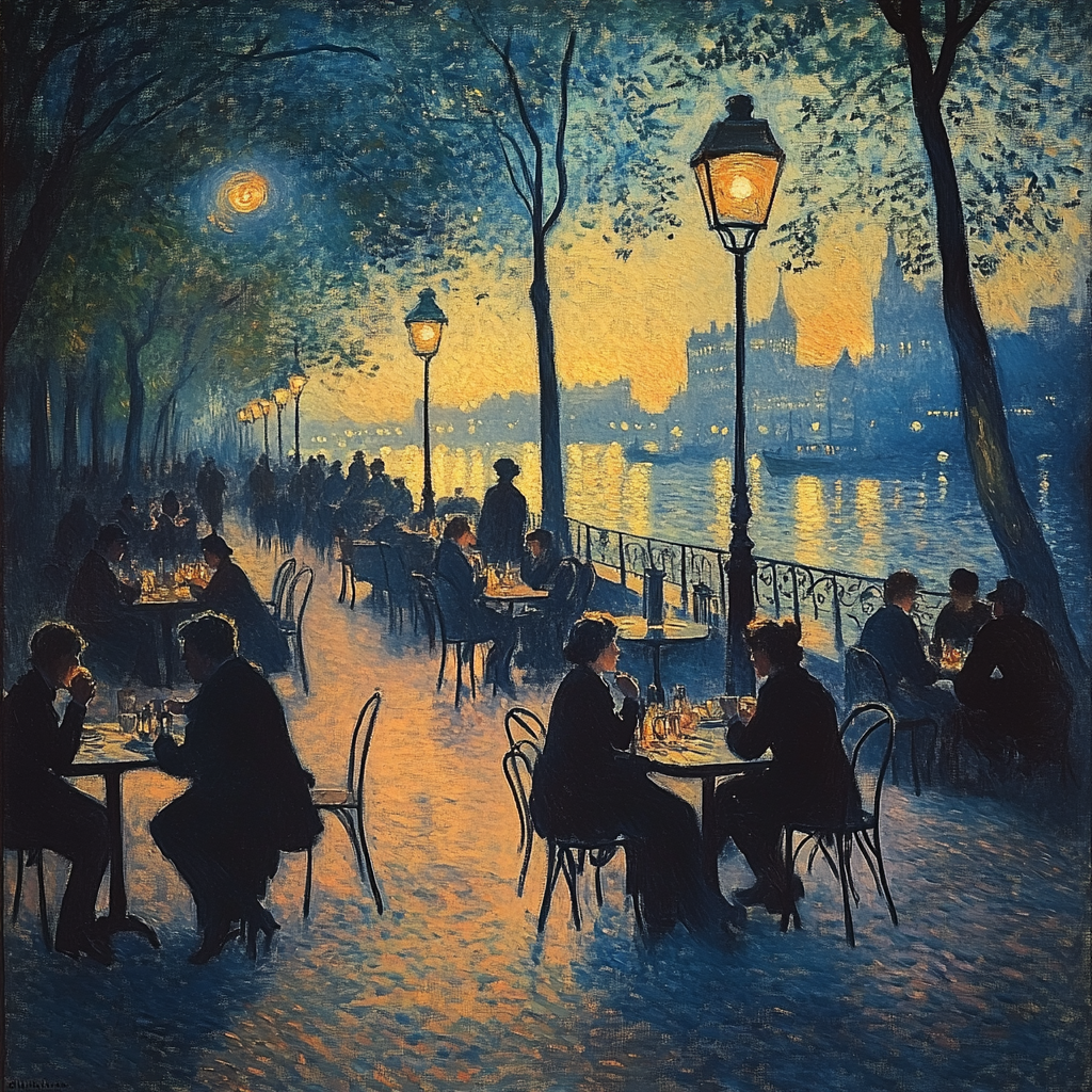 Georges Seurat painting of Paris at night scene.