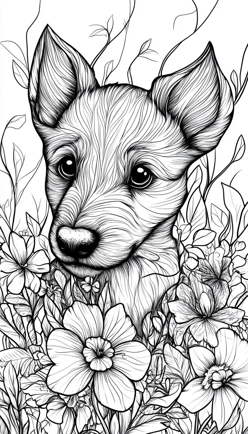 German Shepherd Puppy Coloring Page in Flowers