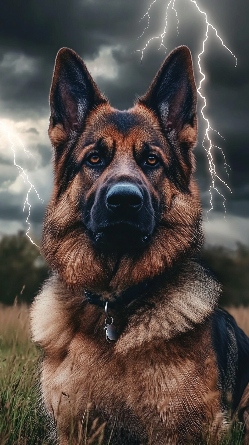 German Shepherd dog with lightning powers, metallic grey fur, blue eyes, electric arcs, stormy background - 9:16.