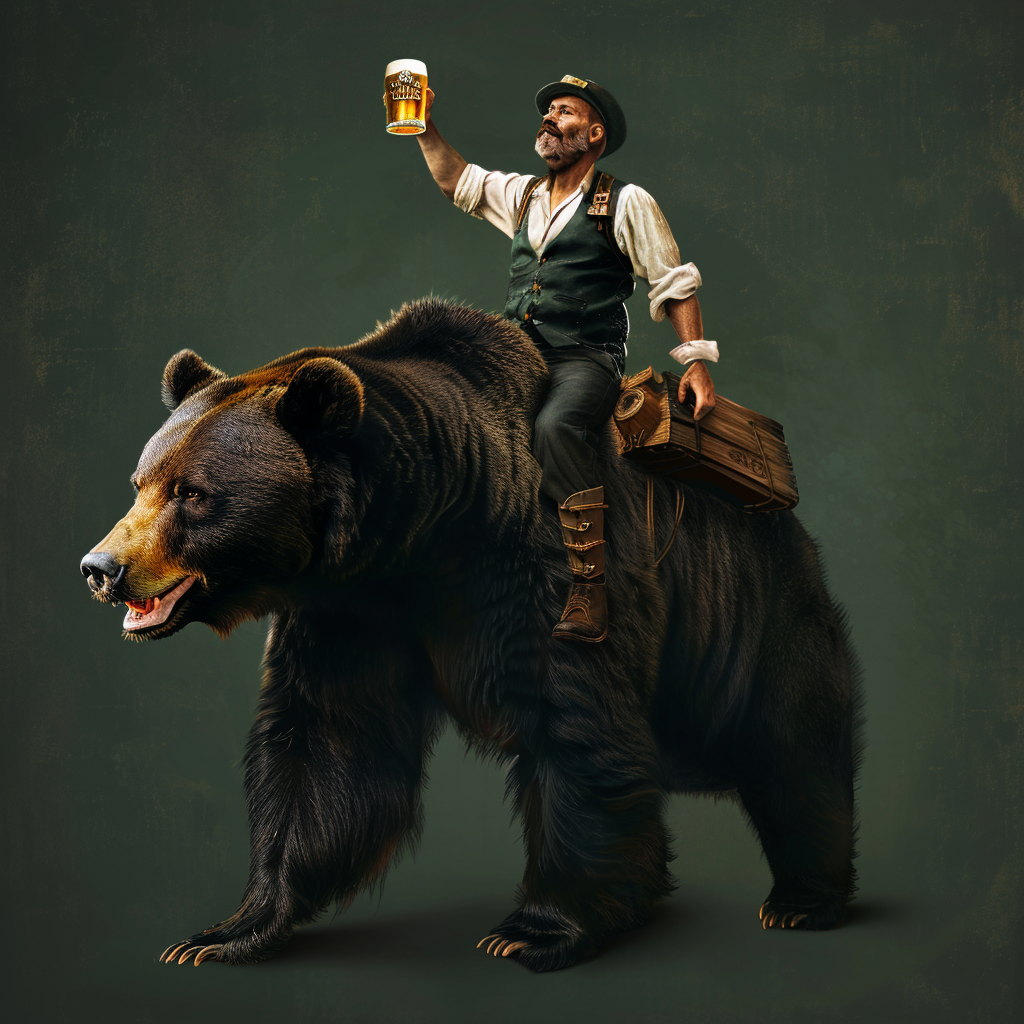 German man on bear with beer, green background.