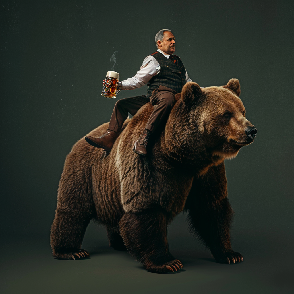 German man riding large bear holding beer mug Oktoberfest.