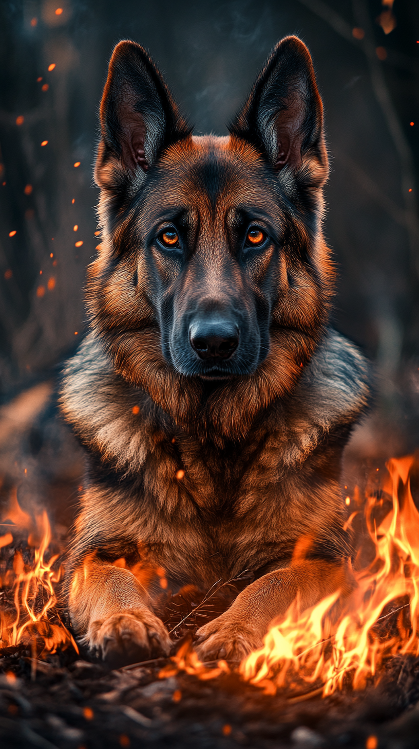 German shepherd dog with fire powers, black fur with red and orange flames, eyes glowing with fiery light, flames dancing around paws and tail, fire scene in background.