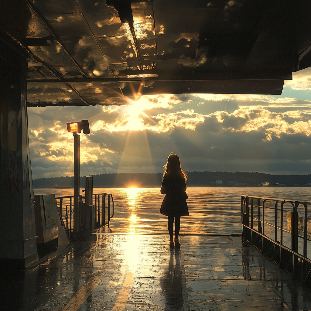 Ghibli-like magical realism: girl on ferry, Washington State.