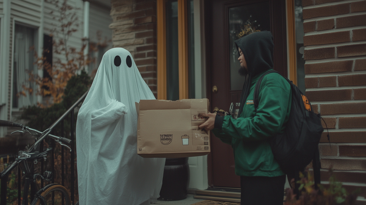 Ghost Receives Uber Eats Delivery on Halloween