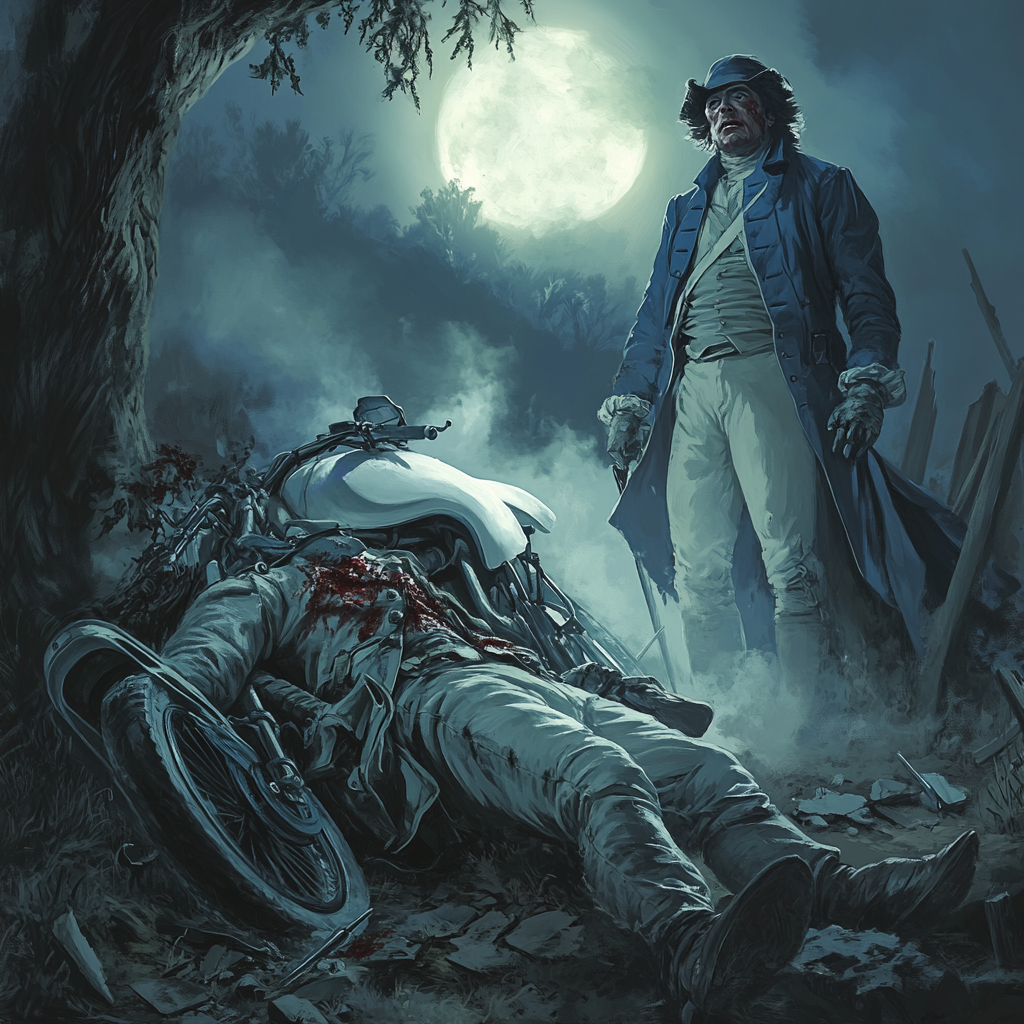 Ghost Soldier Haunts Fallen Patriot on Moonlit Battlefield