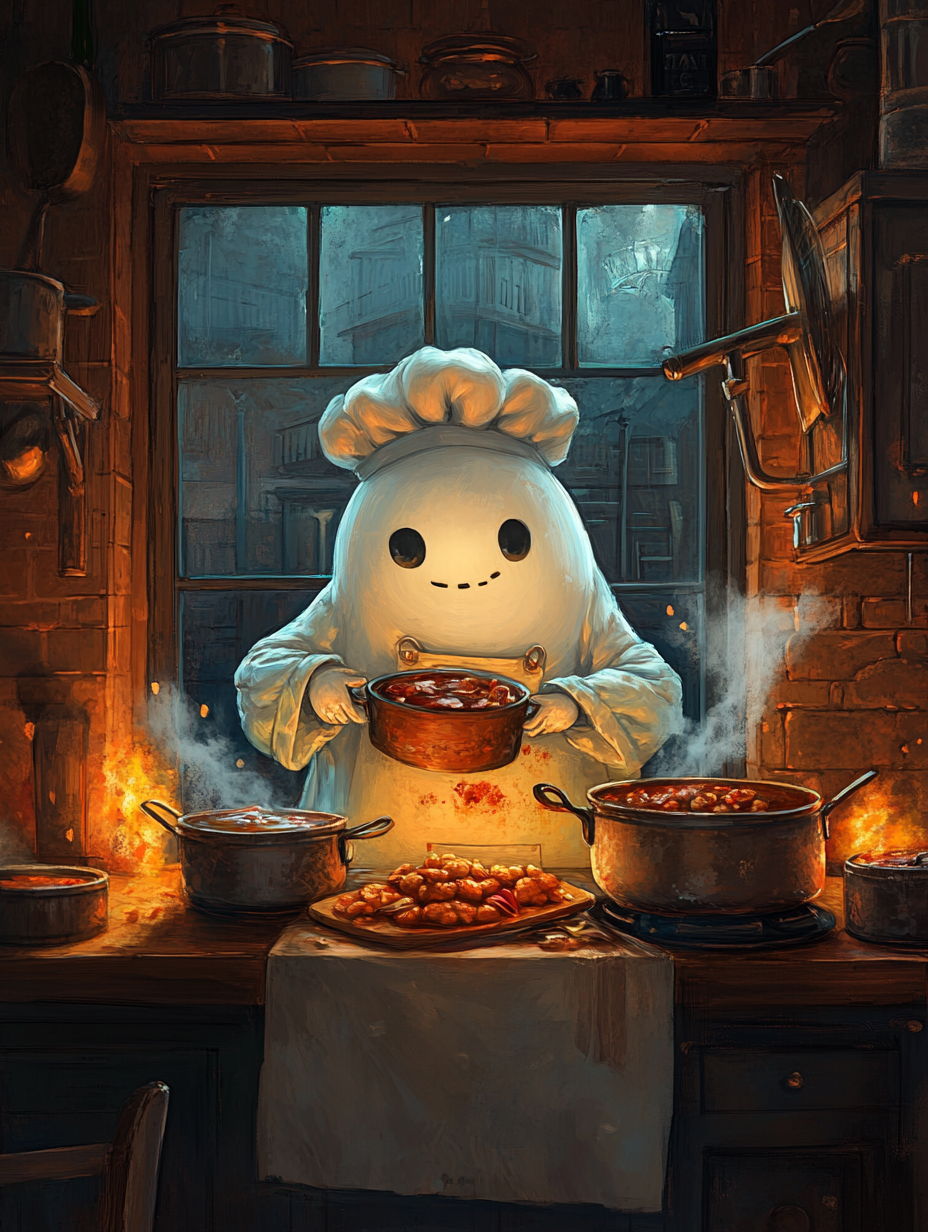 Ghost cooking in kitchen with food pots, fantasy art.