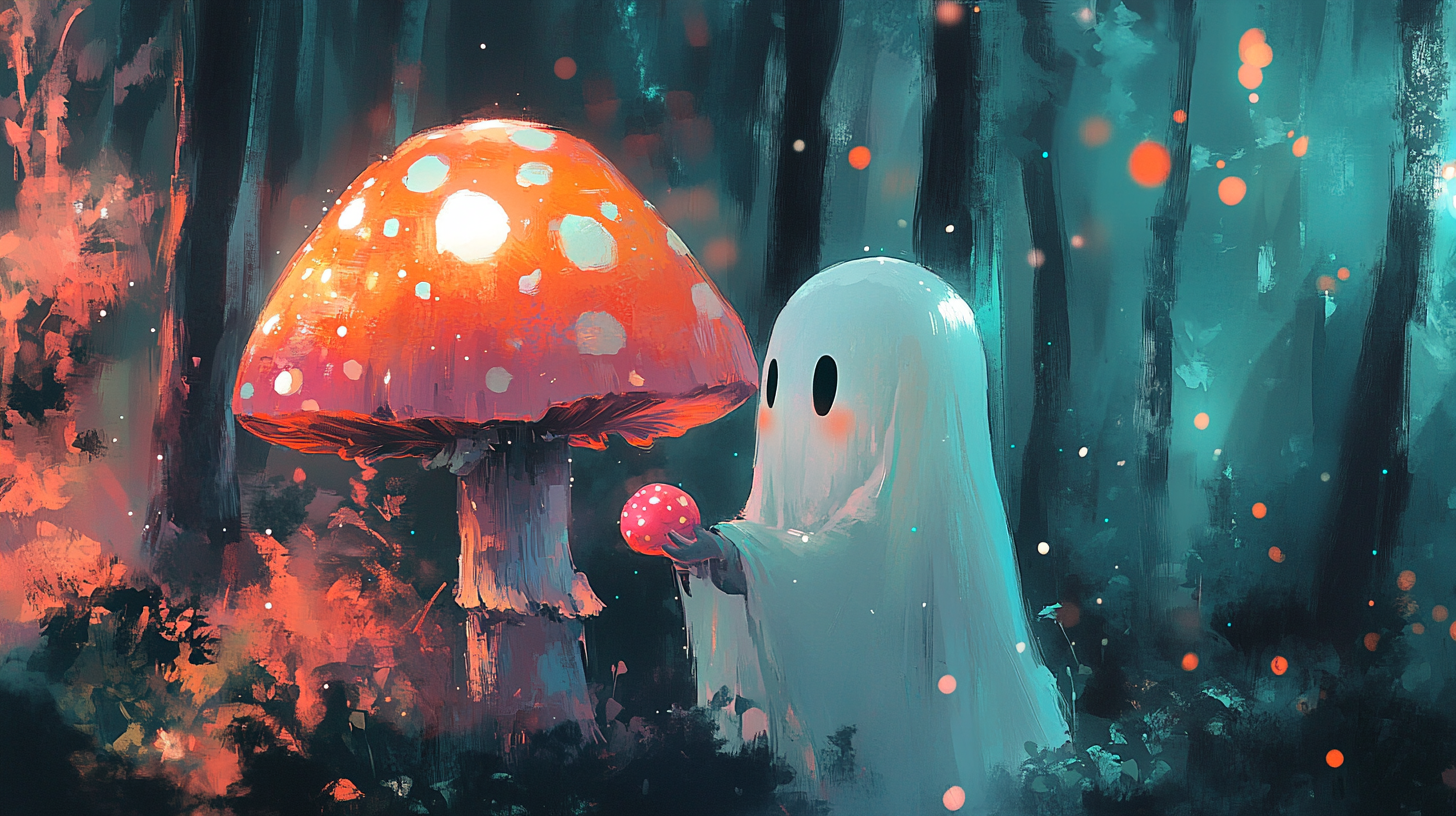 Ghost girl holding cute pink orange mushroom in forest.