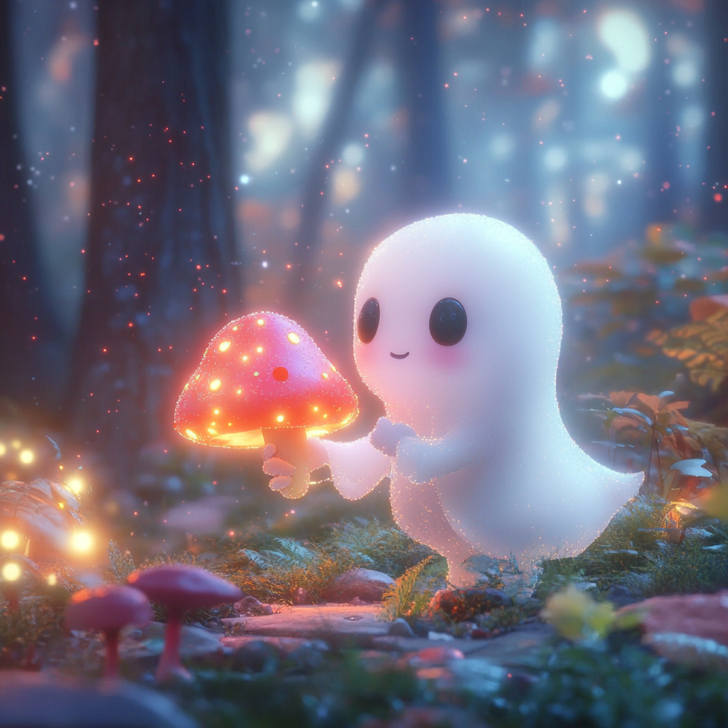 Ghost holding colorful mushroom in enchanted forest setting.