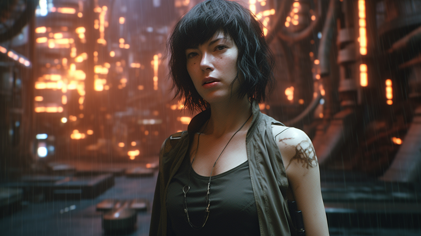 Ghost in the Shell character in detailed cyberpunk setting.