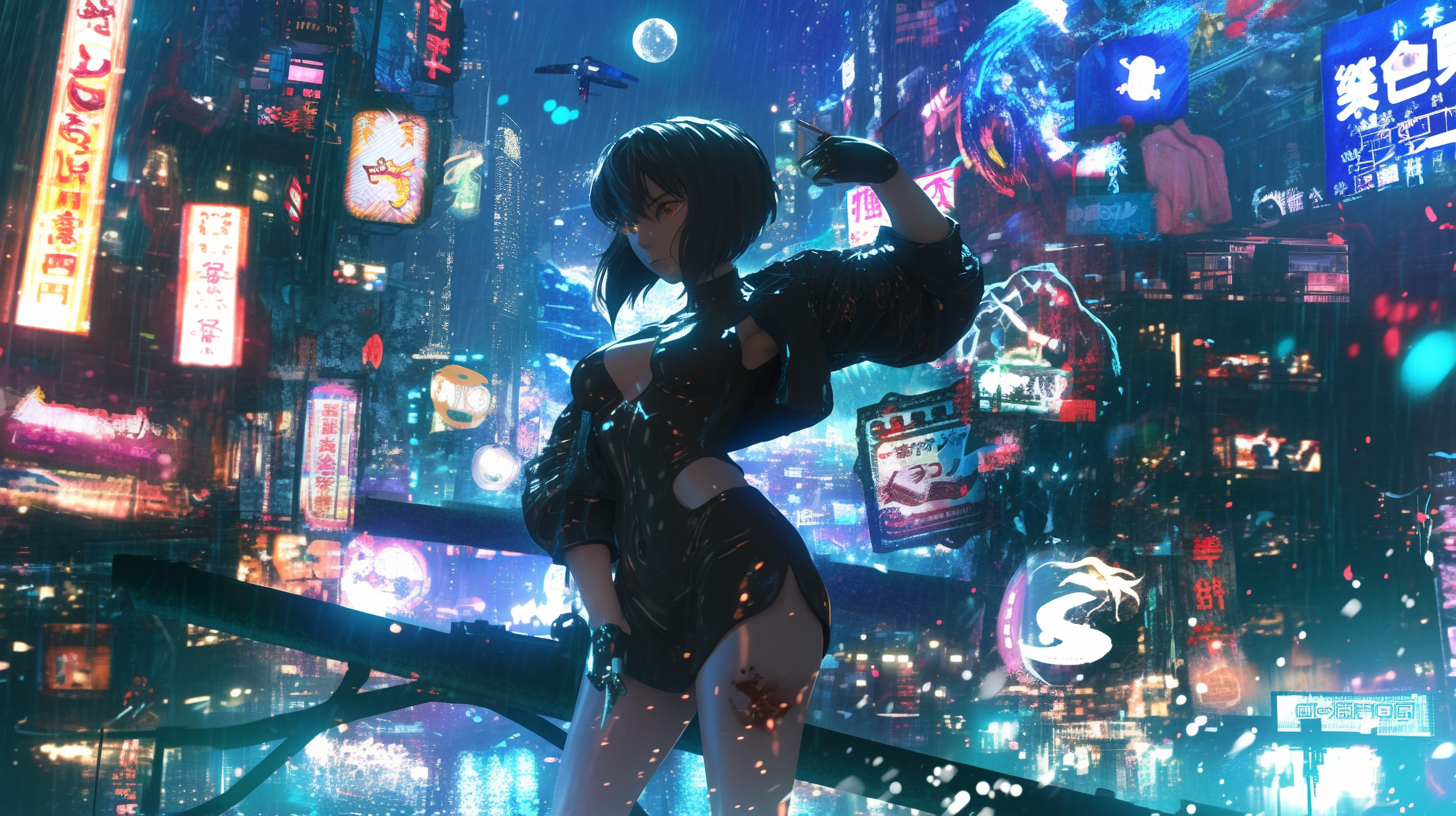 Ghost in the Shell inspired cyberpunk scene with cinematic lighting.