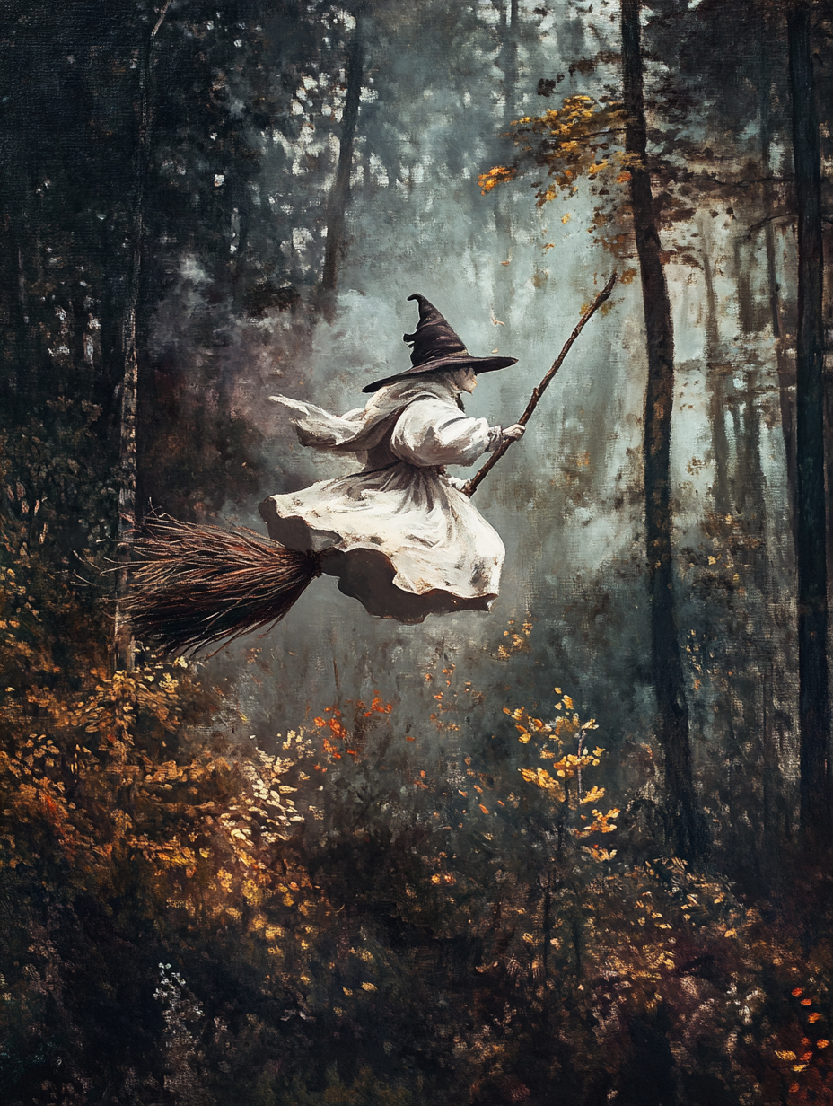 Ghost in witch hat flying on broom in woods.