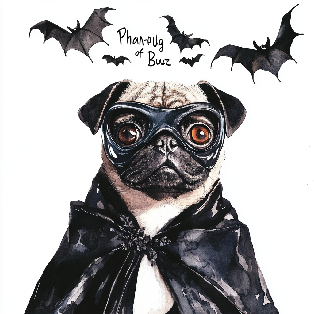 Ghost pug in half opera mask with cape, ready to howl.