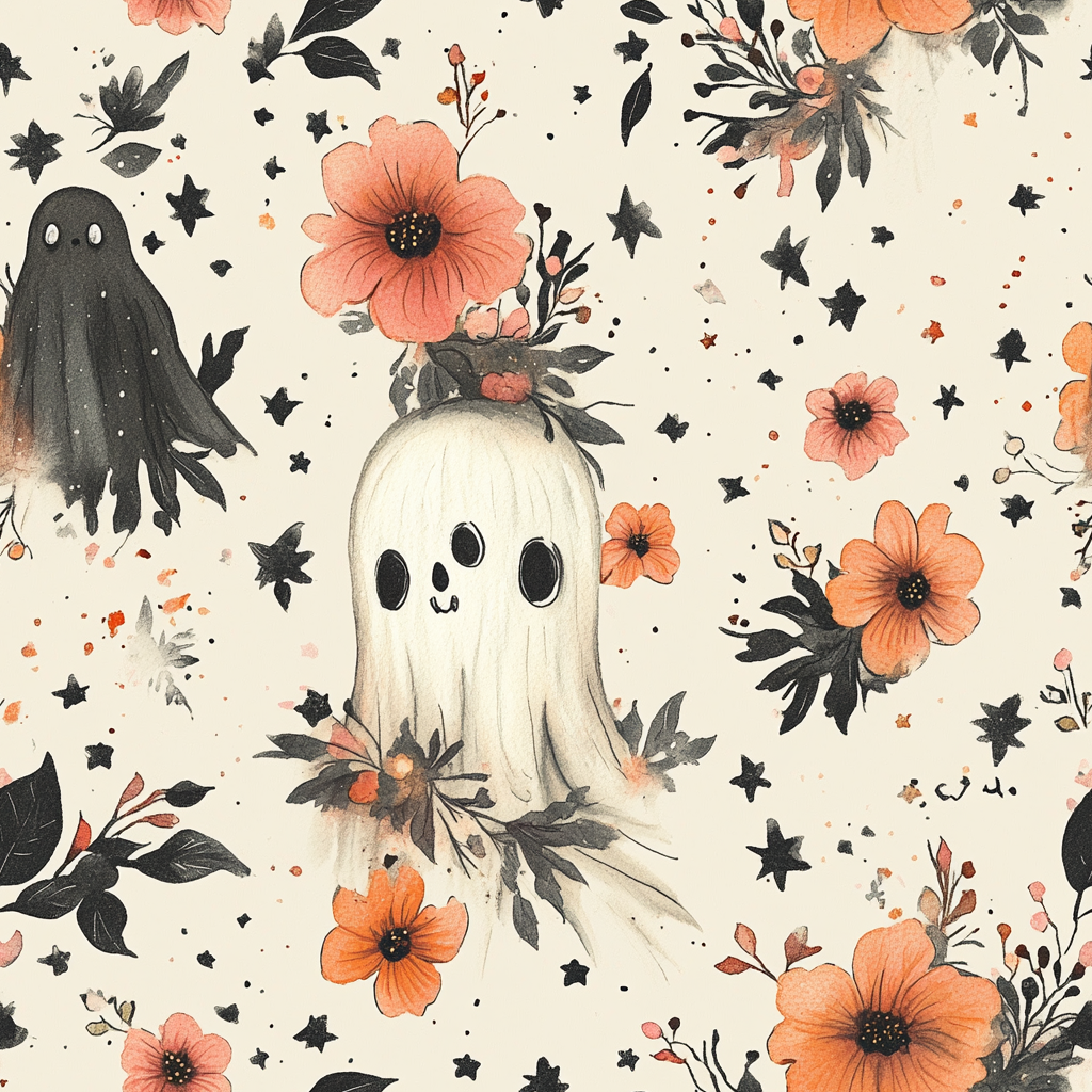 Ghost with flowers, stars, pink, orange, black, creme.